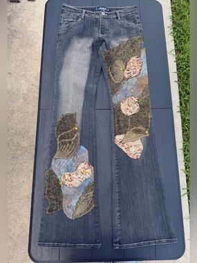 Y2K Dark Blue Patchwork Denim Jeans with Gold Stitching